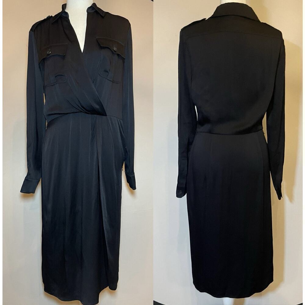 Ralph Lauren Purple Label Shirt Dress Midi Long Sleeve Pocket Collared Satin 8 M